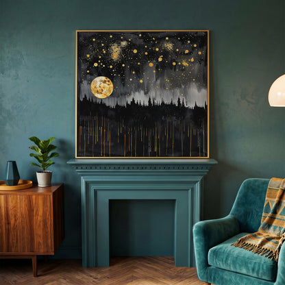 Mystical Moonlit Forest at Night. Square Canvas Wall Art in yellow gold floating frame