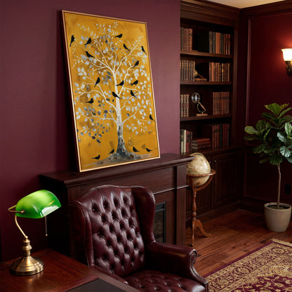 Silver Tree with Black Birds on Gold Canvas Wall Art in antique gold floating frame