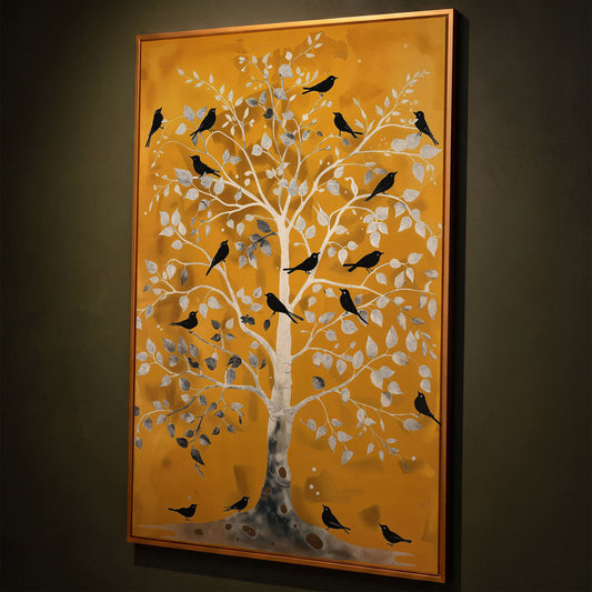 Silver Tree with Black Birds on Gold Canvas Wall Art shown in antique gold floating frame