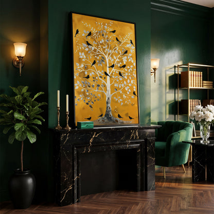 Silver Tree with Black Birds on Gold Canvas Wall Art in black floating frame