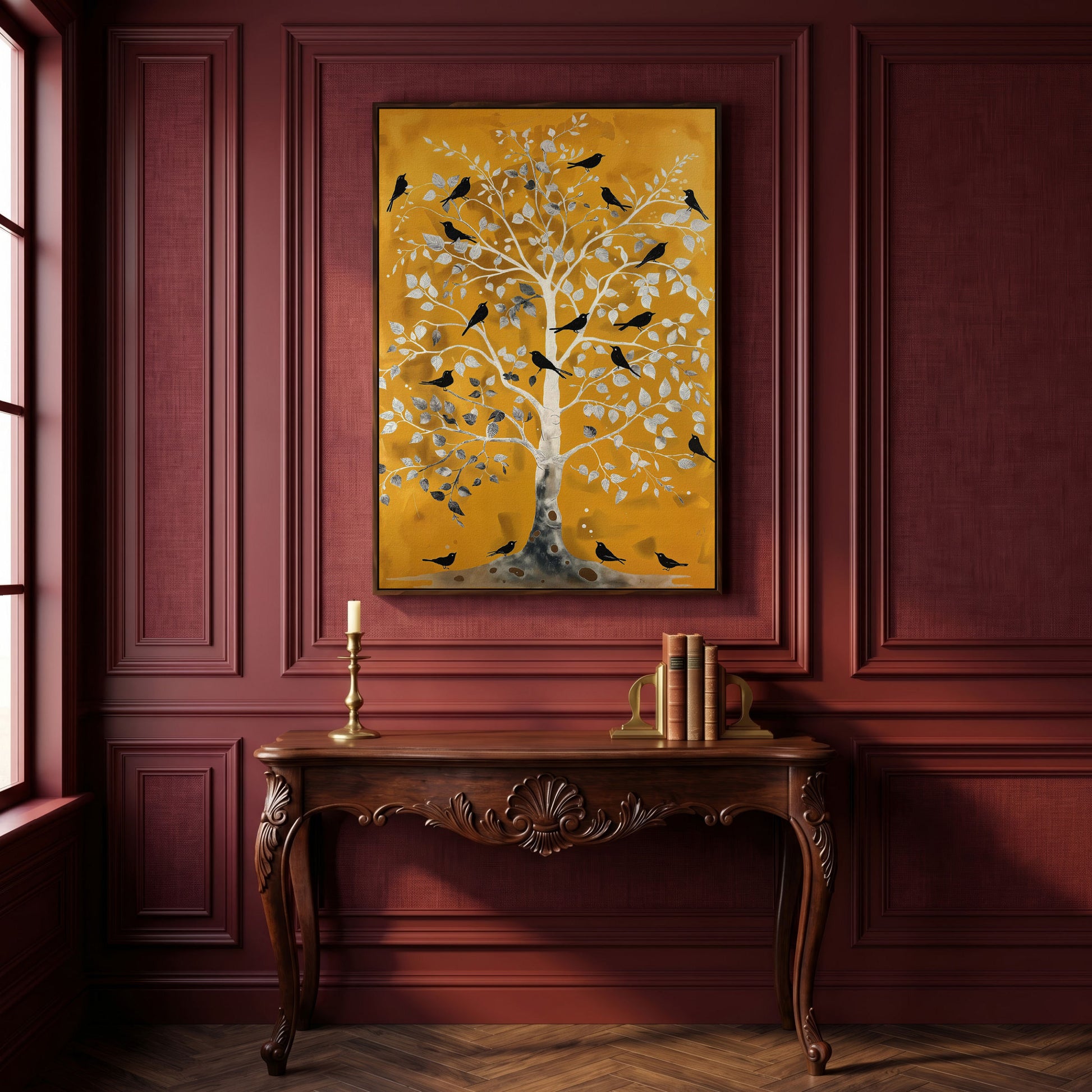 Silver Tree with Black Birds on Gold Canvas Wall Art in dark walnut floating frame