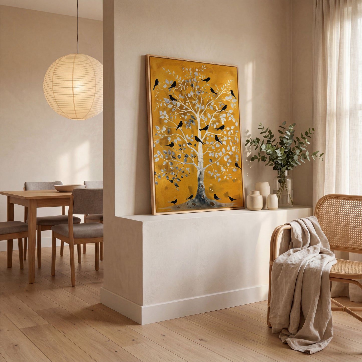 Silver Tree with Black Birds on Gold Canvas Wall Art in white oak floating frame