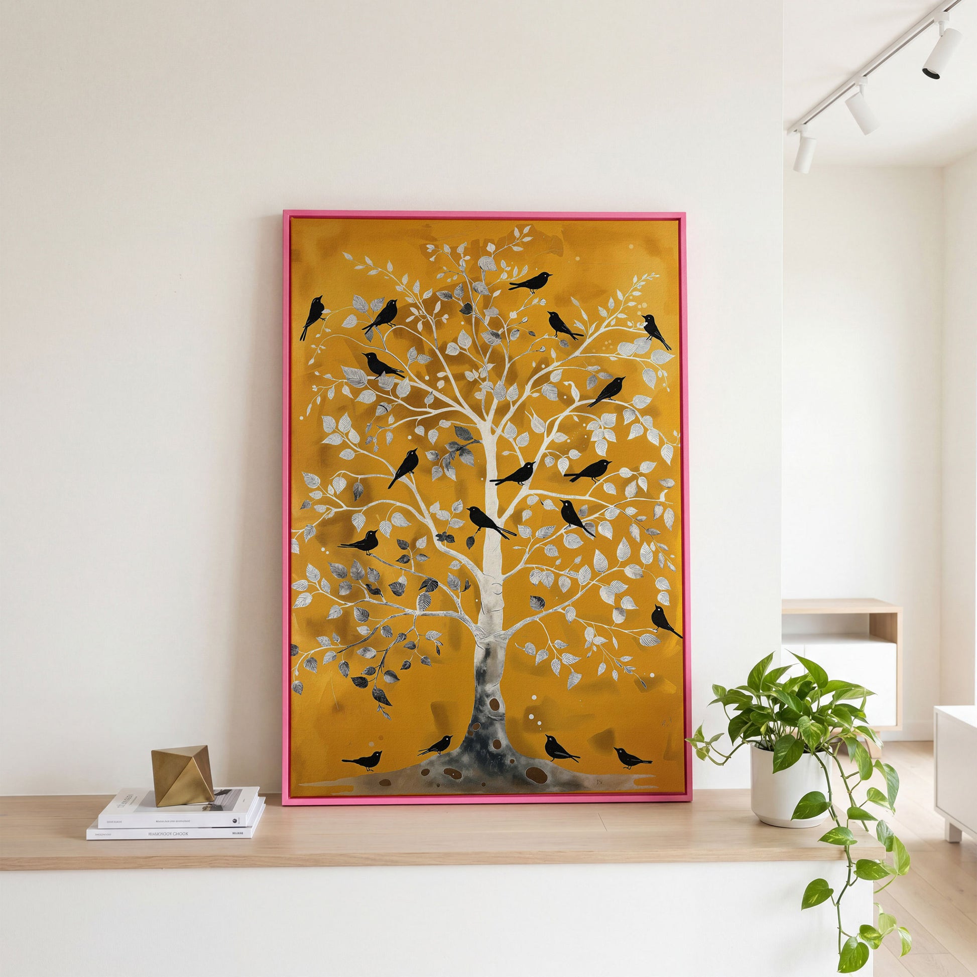 Silver Tree with Black Birds on Gold Canvas Wall Art in pink floating frame