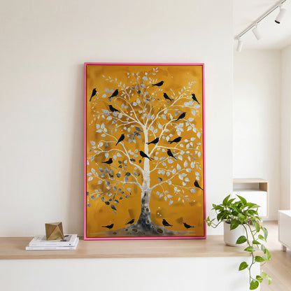 Silver Tree with Black Birds on Gold Canvas Wall Art in pink floating frame