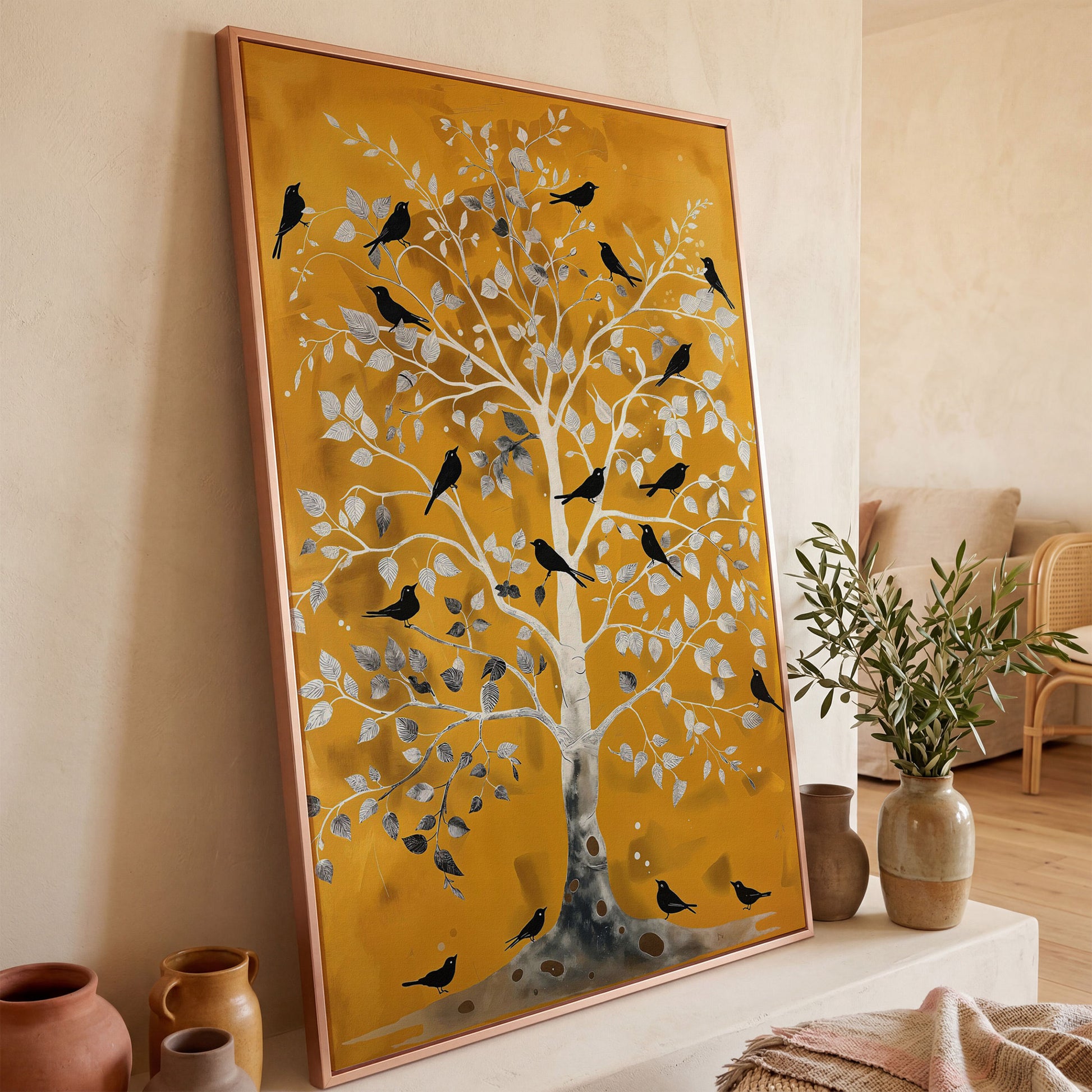 Silver Tree with Black Birds on Gold Canvas Wall Art in rose gold floating frame