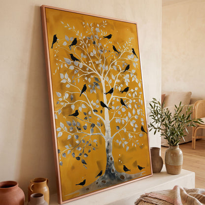 Silver Tree with Black Birds on Gold Canvas Wall Art in rose gold floating frame
