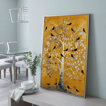Silver Tree with Black Birds on Gold Canvas Wall Art in silver floating frame