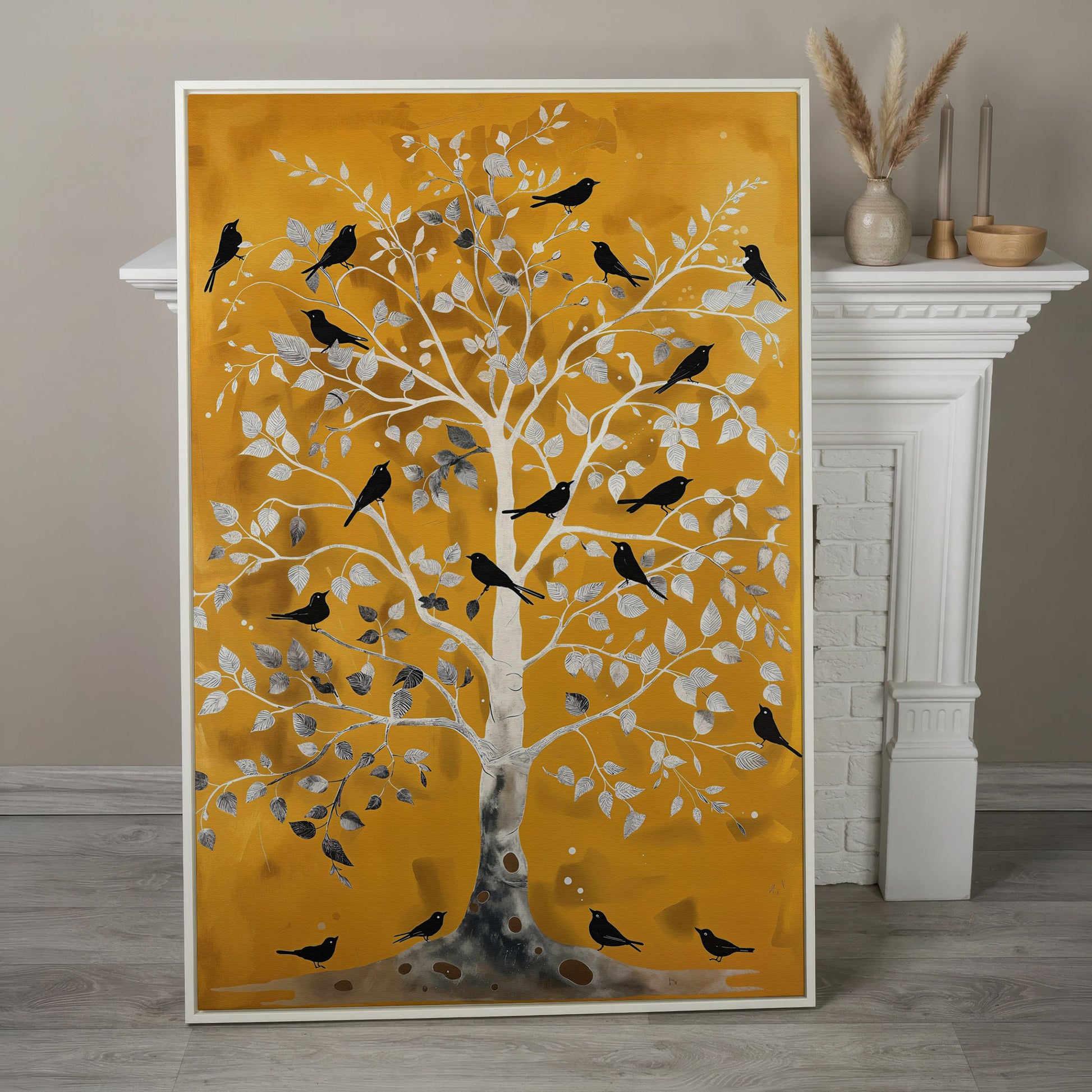 Silver Tree with Black Birds on Gold Canvas Wall Art in white floating frame