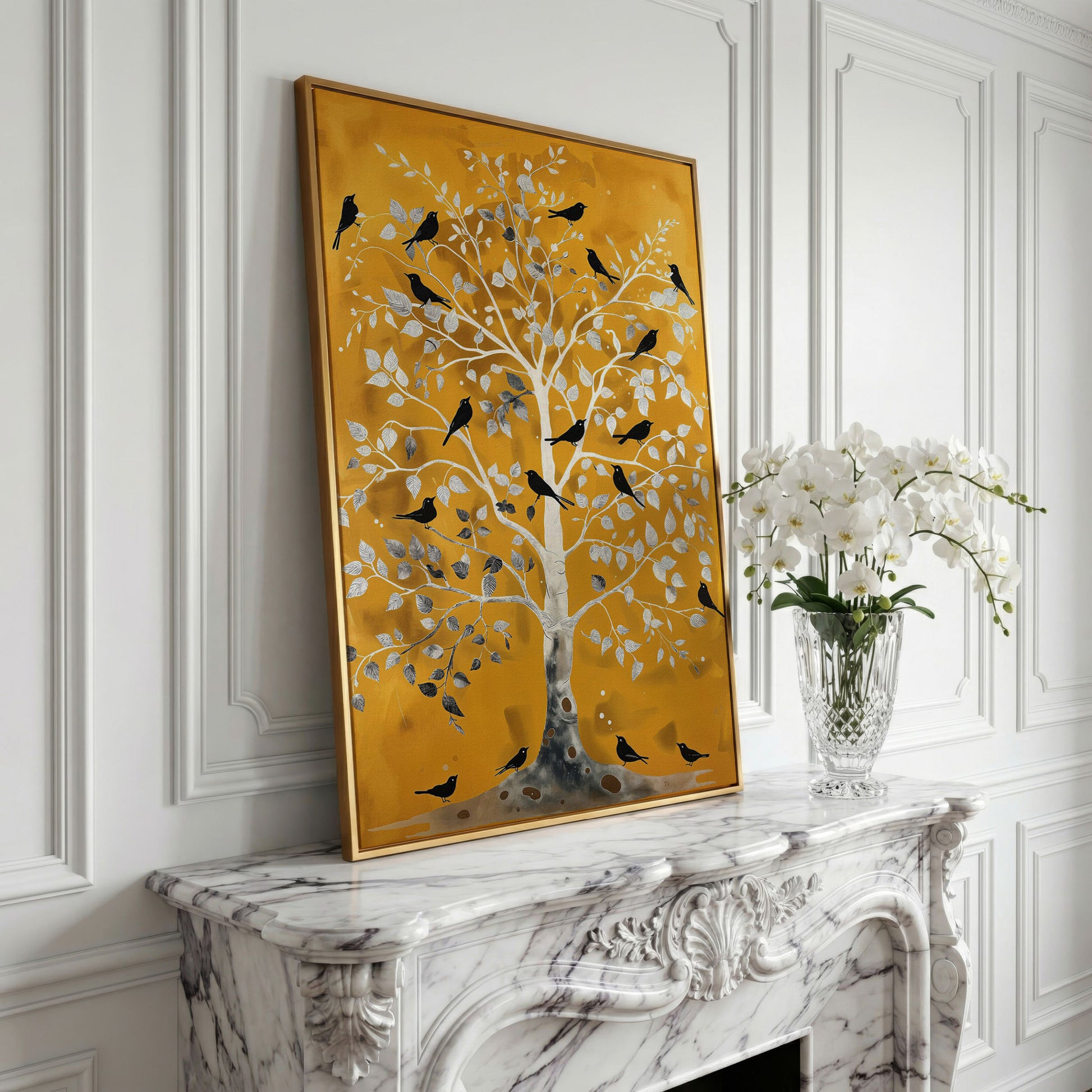 Silver Tree with Black Birds on Gold Canvas Wall Art in yellow gold floating frame