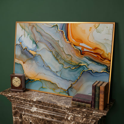 Fluid Abstract Canvas Art, Organic Shapes in Motion, Landscape in antique gold floating frame
