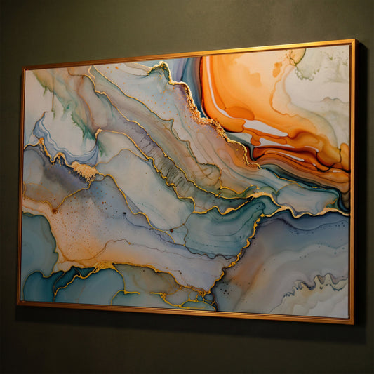 Fluid Abstract Canvas Art, Organic Shapes in Motion, Landscape shown in antique gold floating frame
