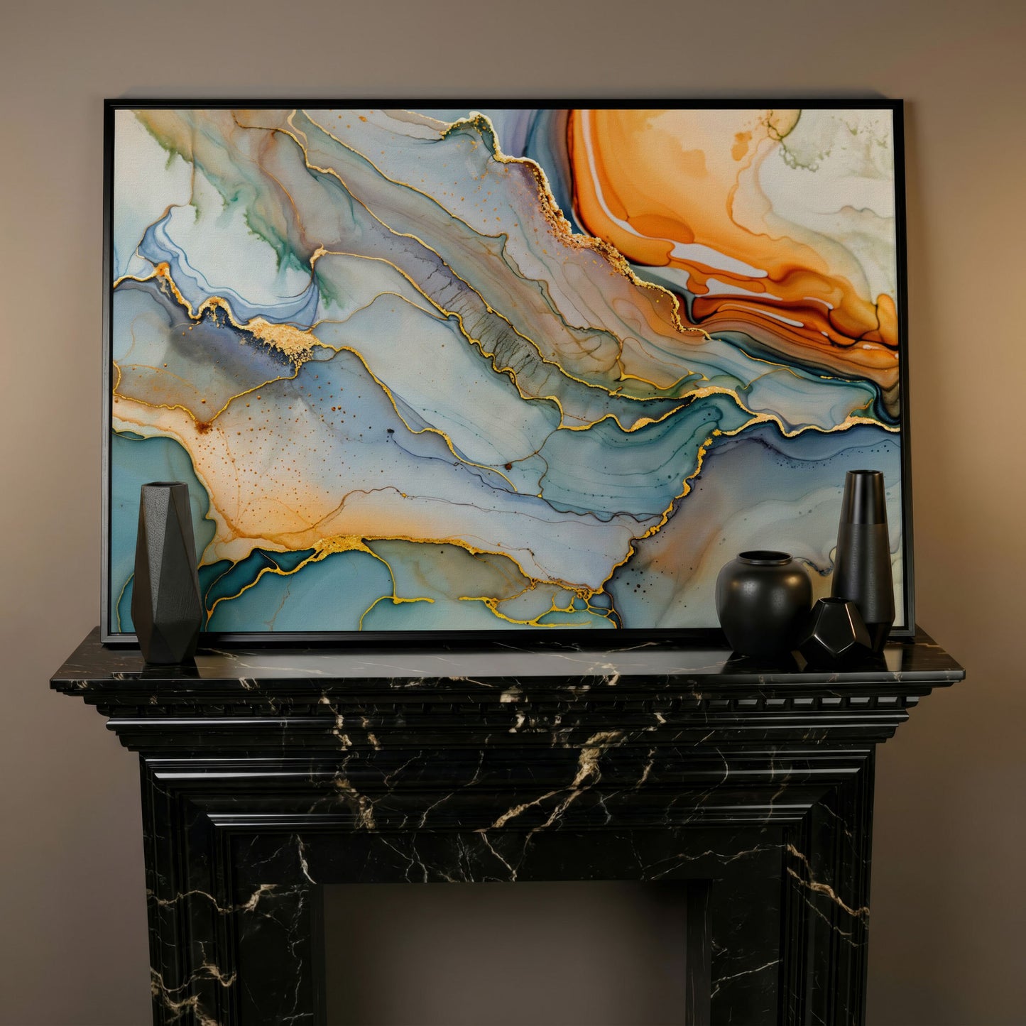 Fluid Abstract Canvas Art, Organic Shapes in Motion, Landscape in black floating frame