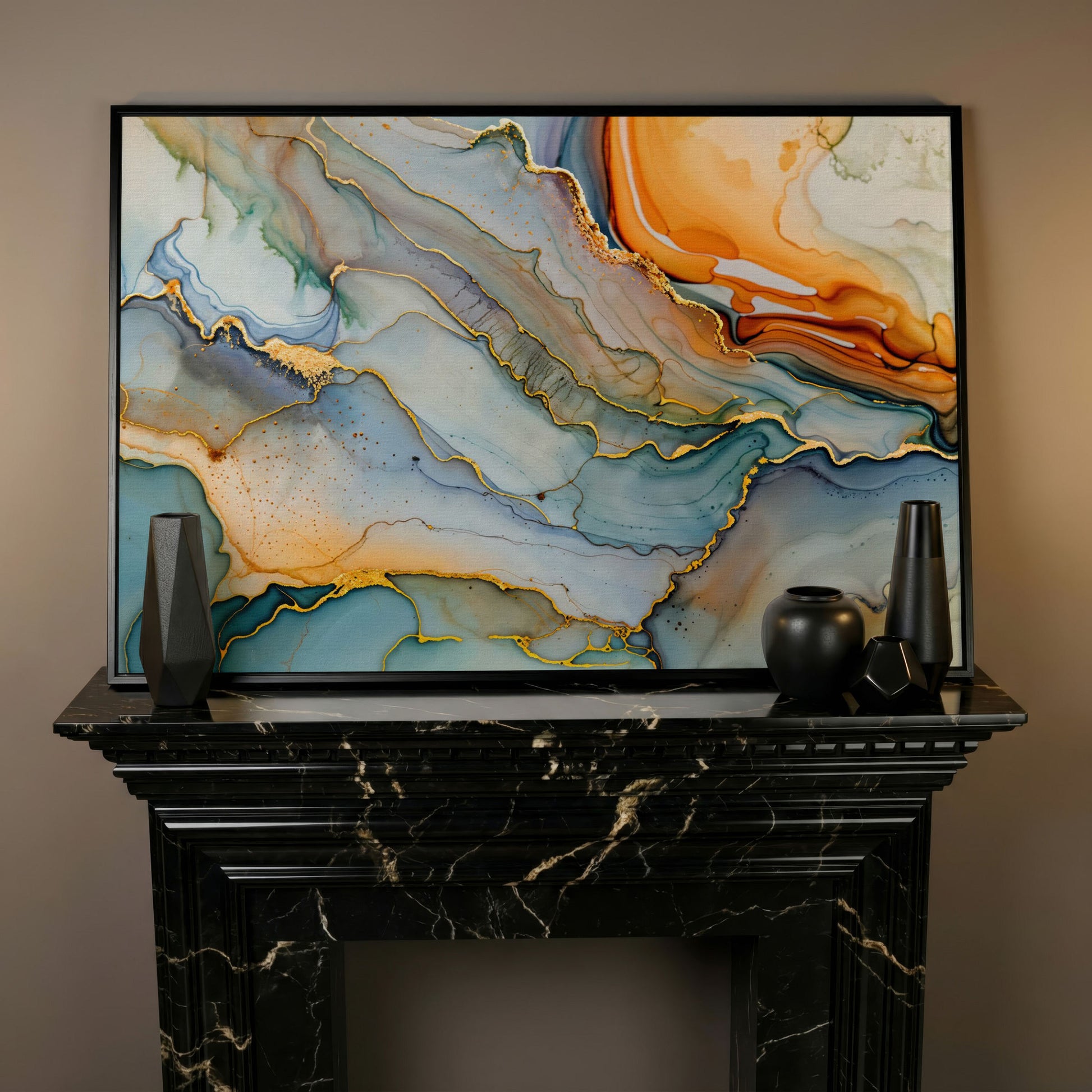 Fluid Abstract Canvas Art, Organic Shapes in Motion, Landscape in black floating frame