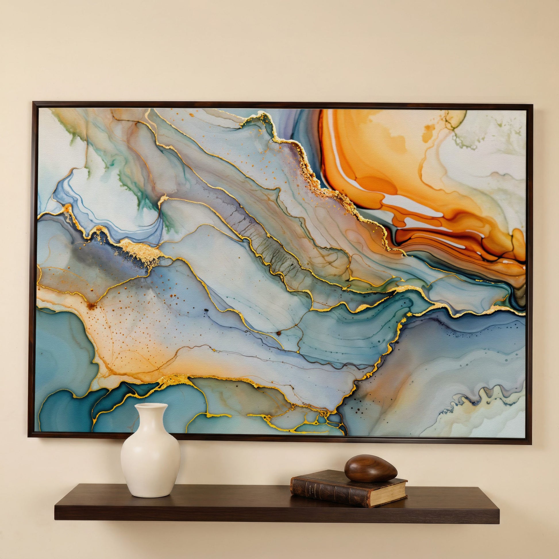 Fluid Abstract Canvas Art, Organic Shapes in Motion, Landscape in dark walnut floating frame