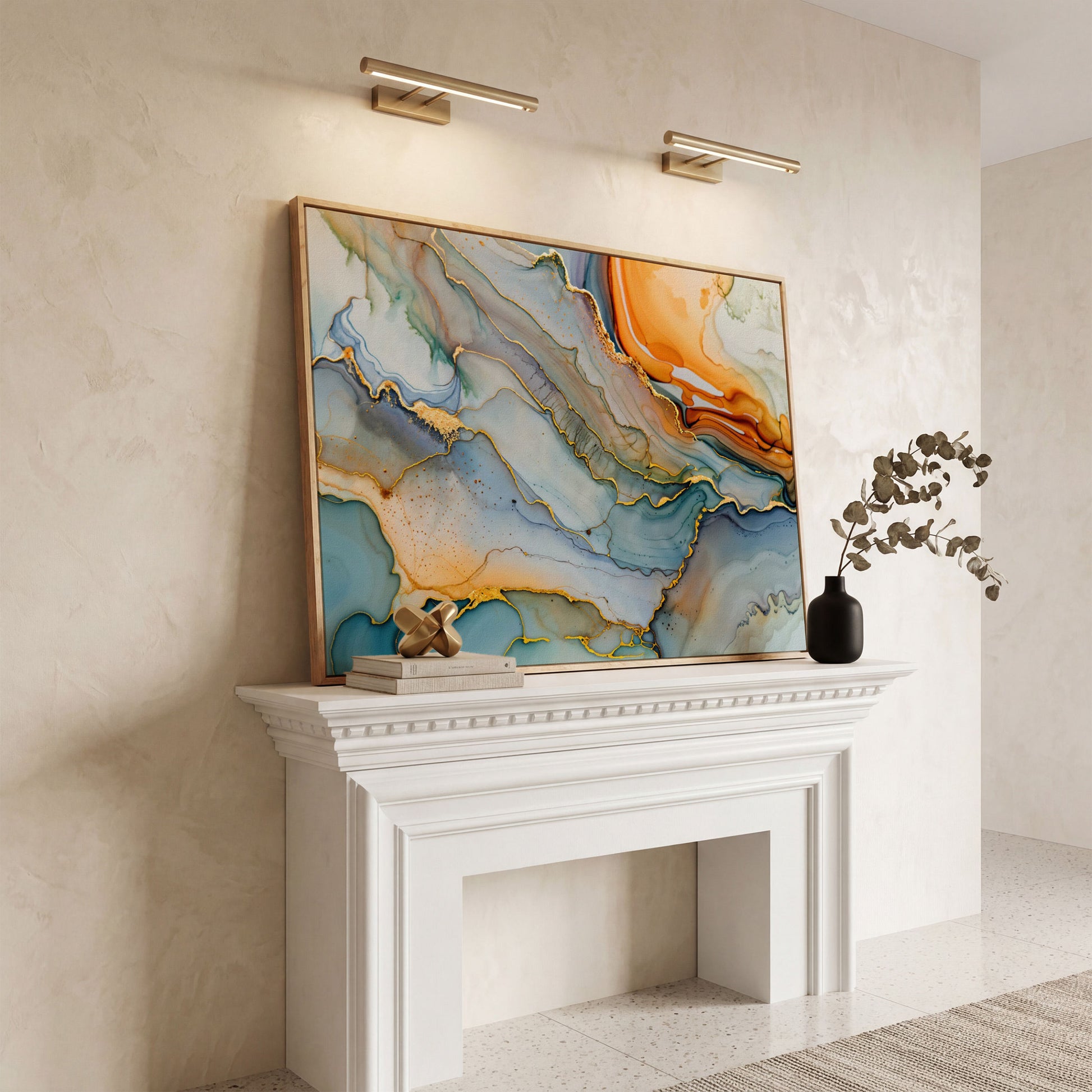 Fluid Abstract Canvas Art, Organic Shapes in Motion, Landscape in white oak floating frame