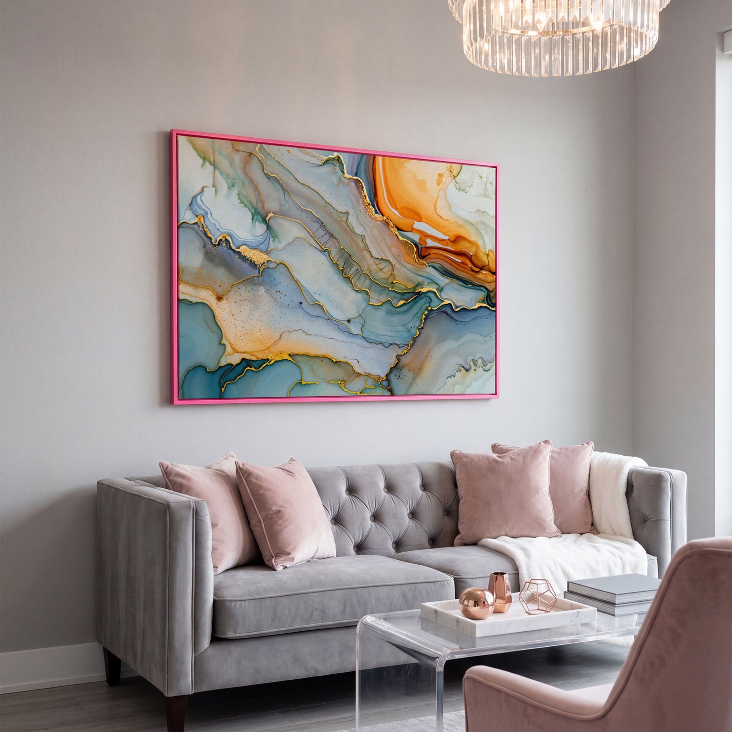 Fluid Abstract Canvas Art, Organic Shapes in Motion, Landscape in pink floating frame