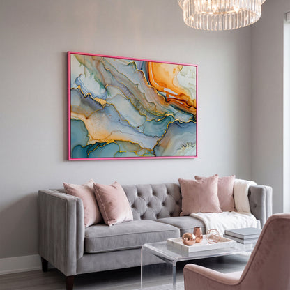 Fluid Abstract Canvas Art, Organic Shapes in Motion, Landscape in pink floating frame