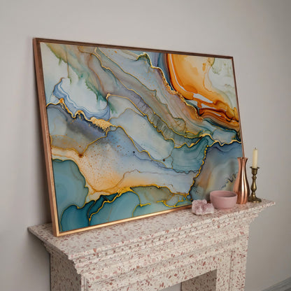 Fluid Abstract Canvas Art, Organic Shapes in Motion, Landscape in rose gold floating frame