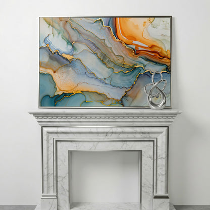 Fluid Abstract Canvas Art, Organic Shapes in Motion, Landscape in silver floating frame