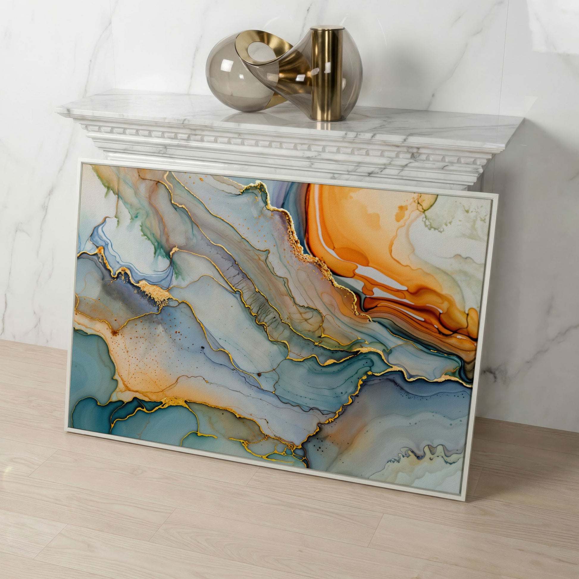 Fluid Abstract Canvas Art, Organic Shapes in Motion, Landscape in white floating frame