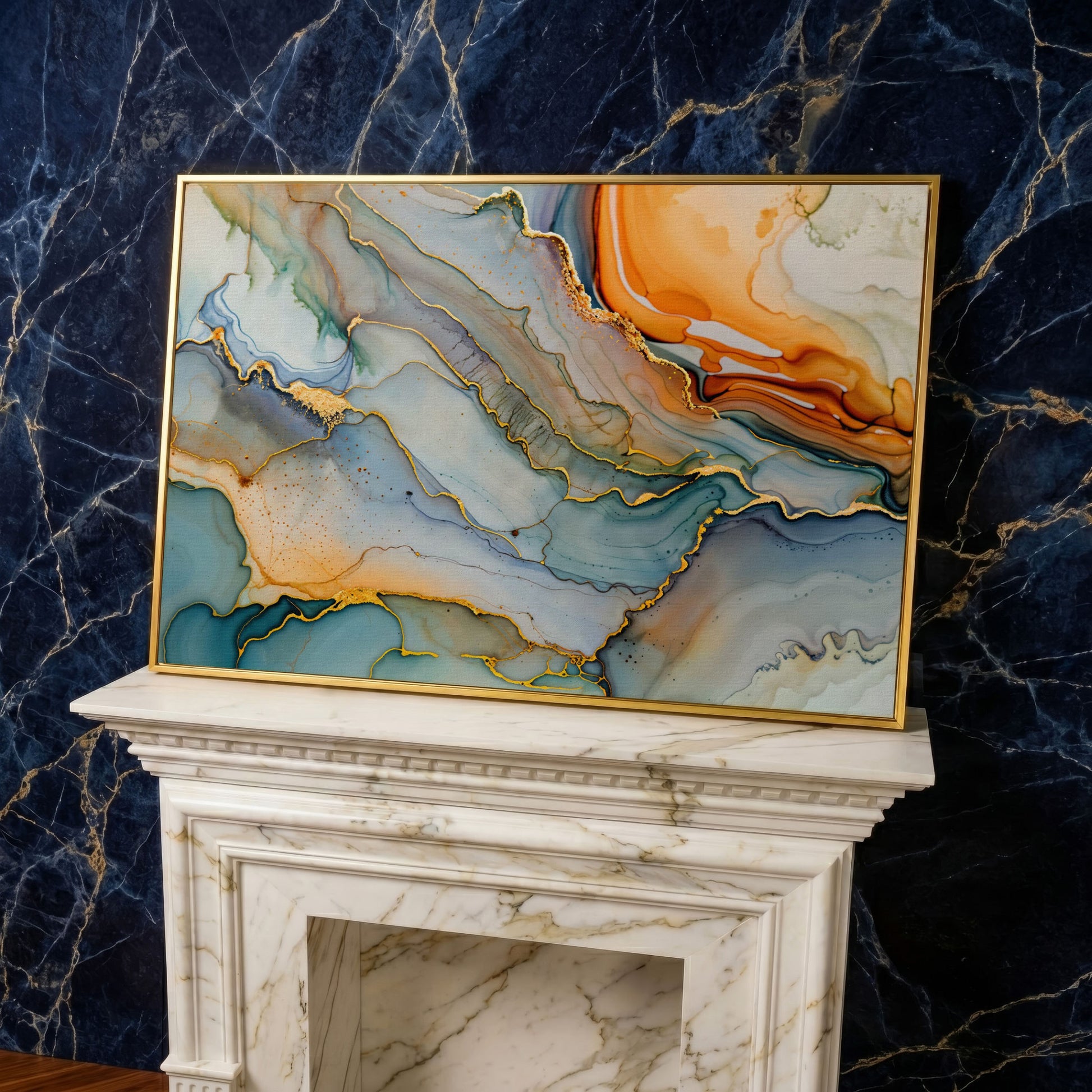 Fluid Abstract Canvas Art, Organic Shapes in Motion, Landscape in yellow gold floating frame