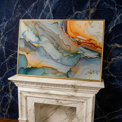 Fluid Abstract Canvas Art, Organic Shapes in Motion, Landscape in yellow gold floating frame