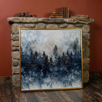 Snowy Pine Forest Canvas Art, Winter Woodland Painting in antique gold floating frame