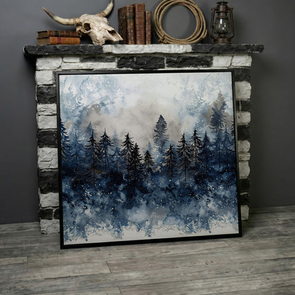 Snowy Pine Forest Canvas Art, Winter Woodland Painting in black floating frame