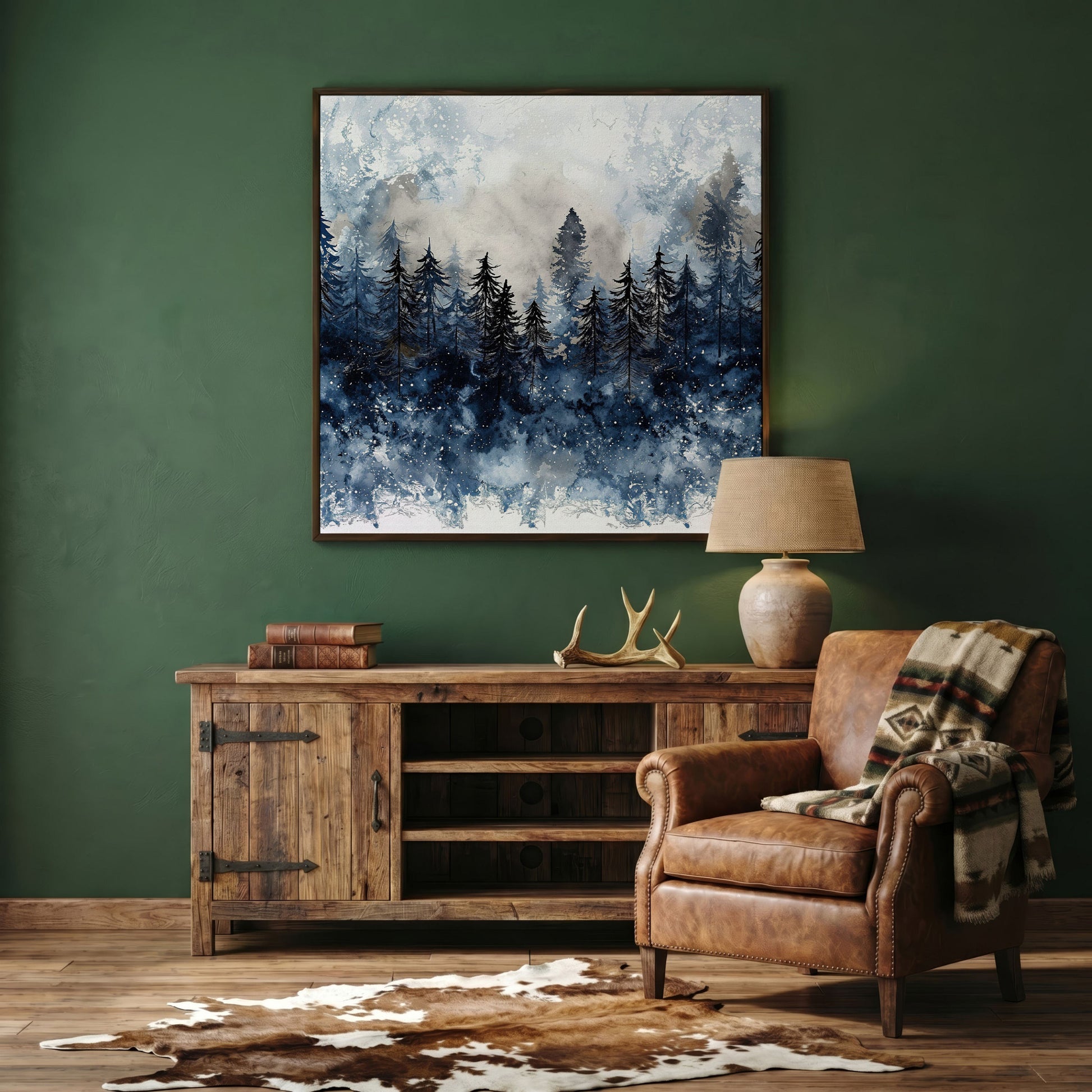 Snowy Pine Forest Canvas Art, Winter Woodland Painting in dark walnut floating frame