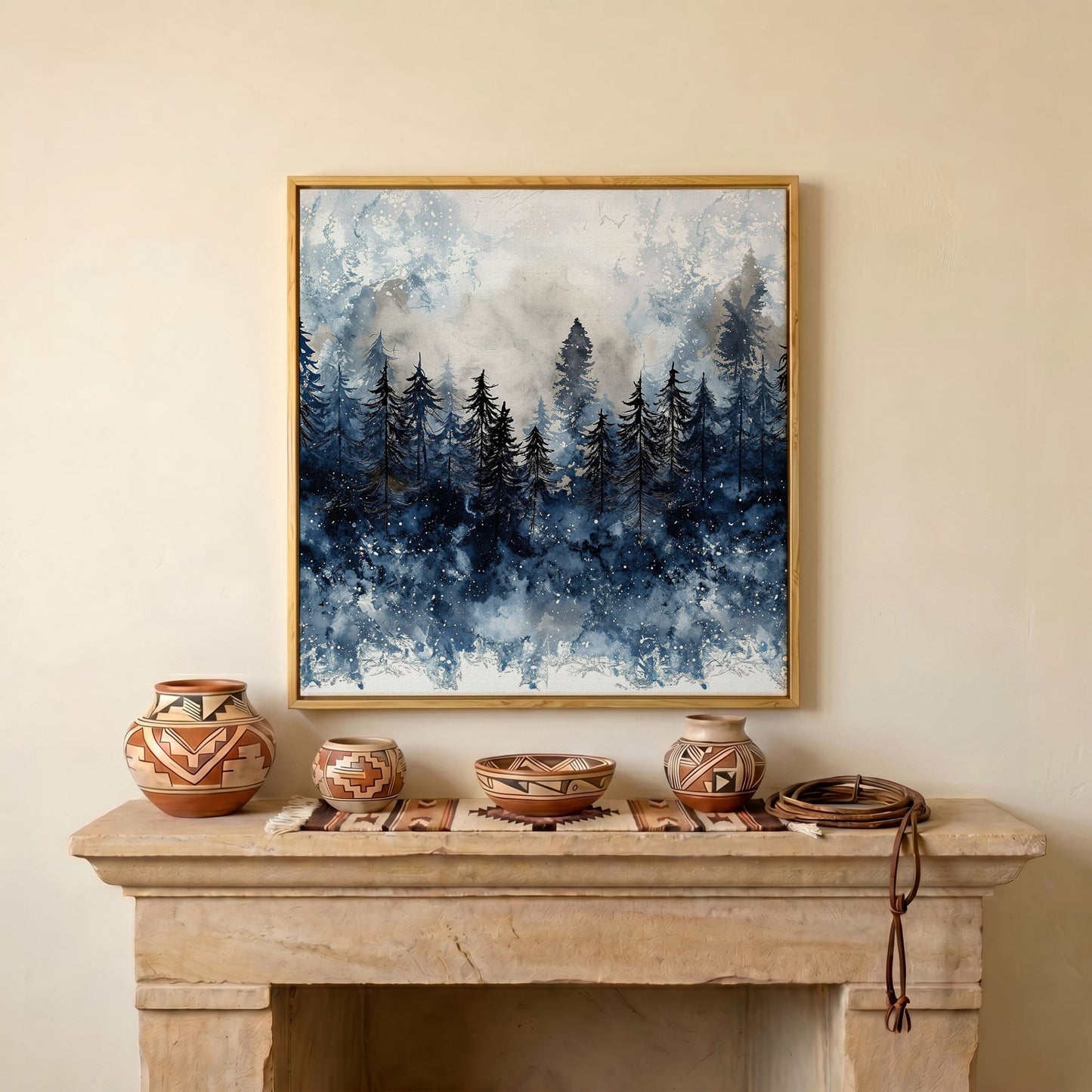 Snowy Pine Forest Canvas Art, Winter Woodland Painting in white oak floating frame