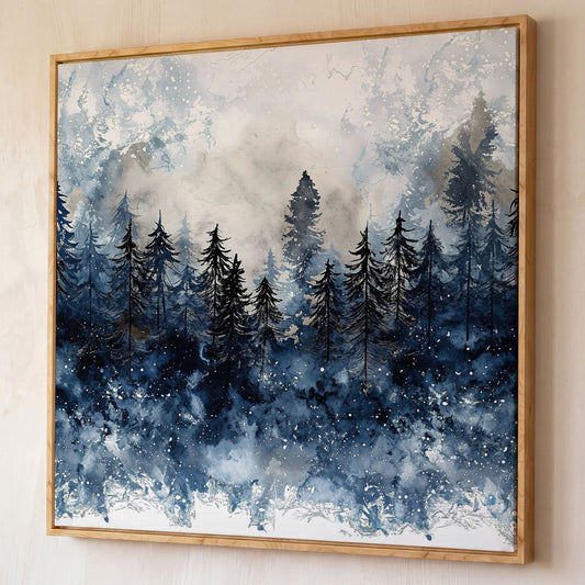 Snowy Pine Forest Canvas Art, Winter Woodland Painting shown in white oak floating frame