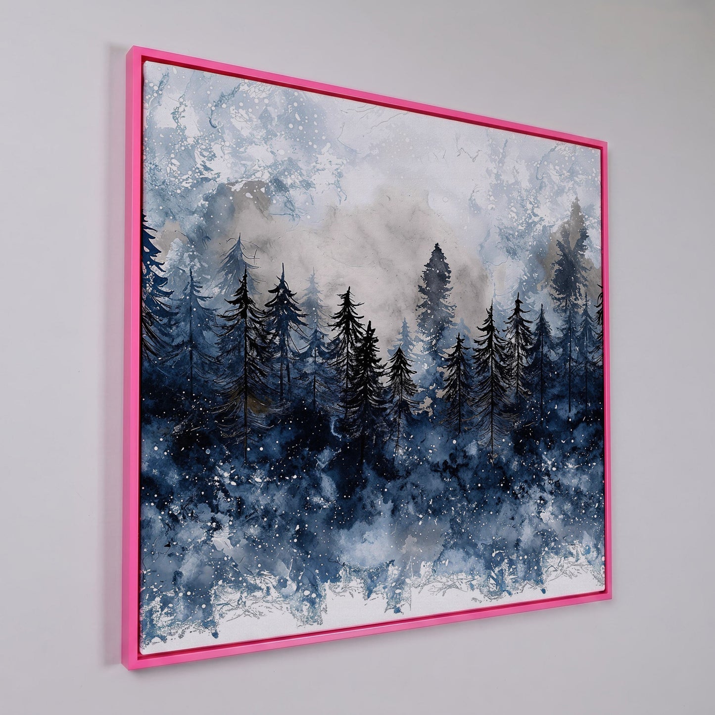 Snowy Pine Forest Canvas Art, Winter Woodland Painting in pink floating frame