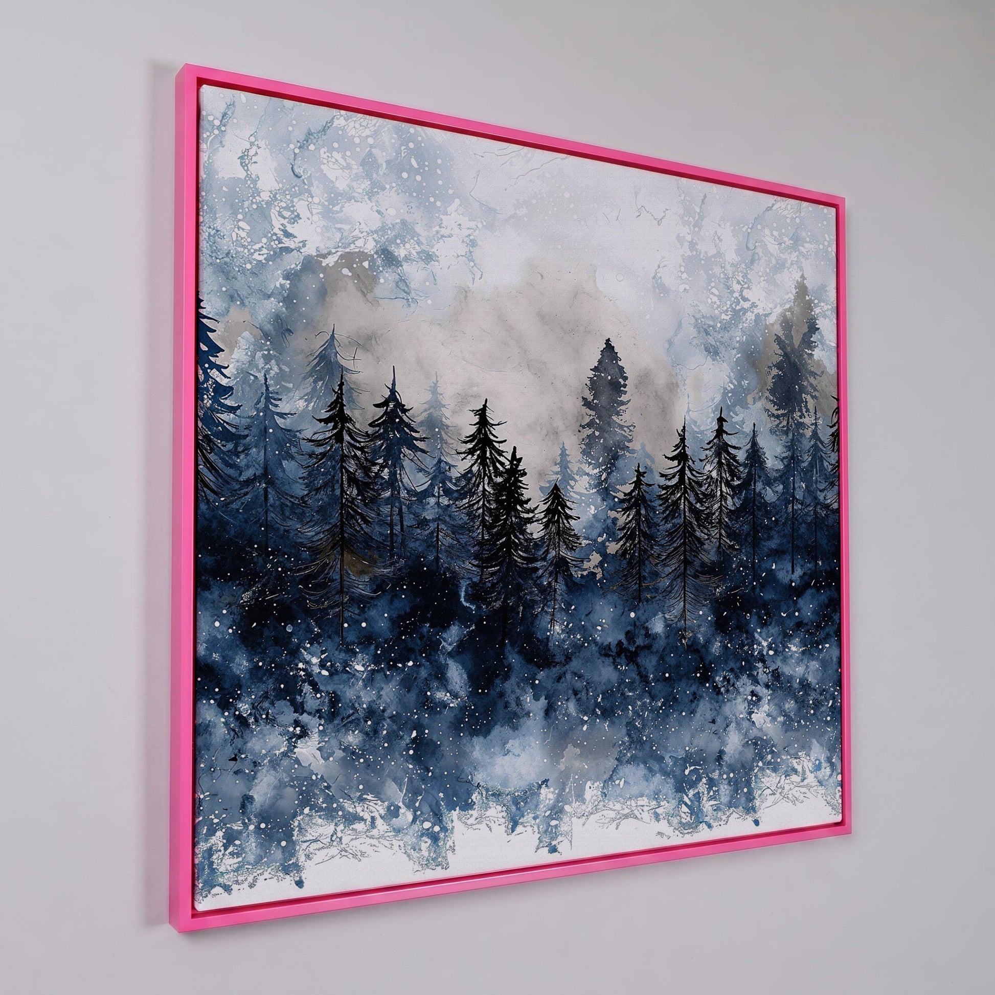 Snowy Pine Forest Canvas Art, Winter Woodland Painting in pink floating frame