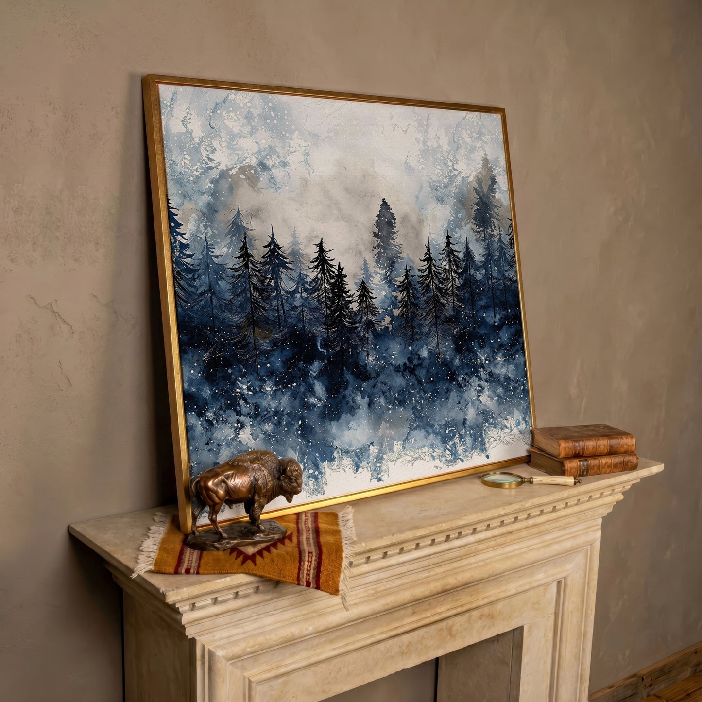 Snowy Pine Forest Canvas Art, Winter Woodland Painting in rose gold floating frame