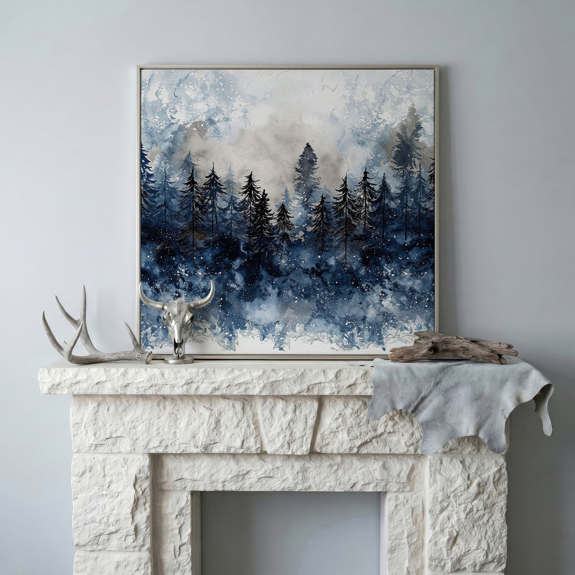 Snowy Pine Forest Canvas Art, Winter Woodland Painting in silver floating frame