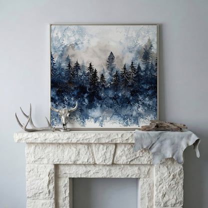 Snowy Pine Forest Canvas Art, Winter Woodland Painting in silver floating frame
