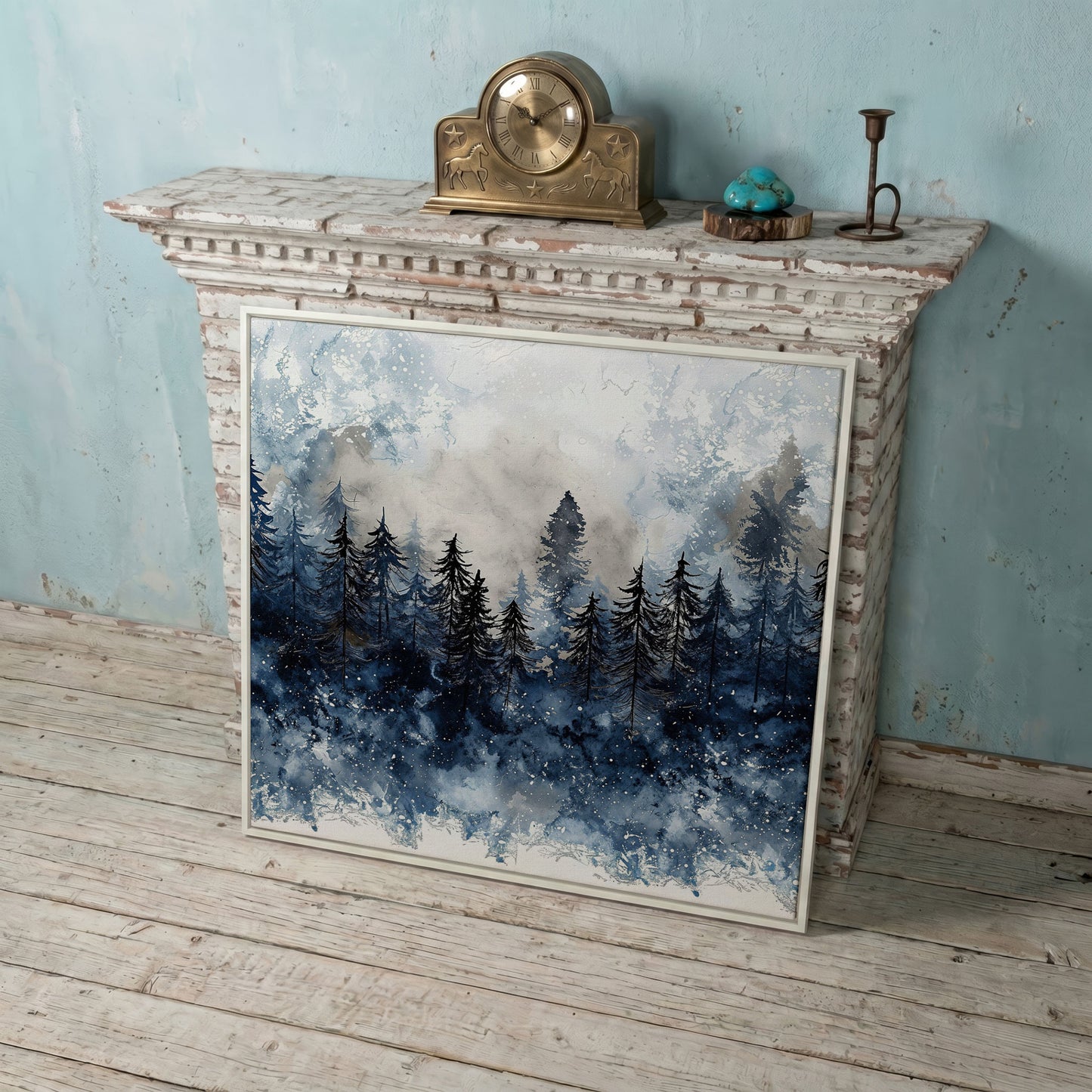 Snowy Pine Forest Canvas Art, Winter Woodland Painting in white floating frame