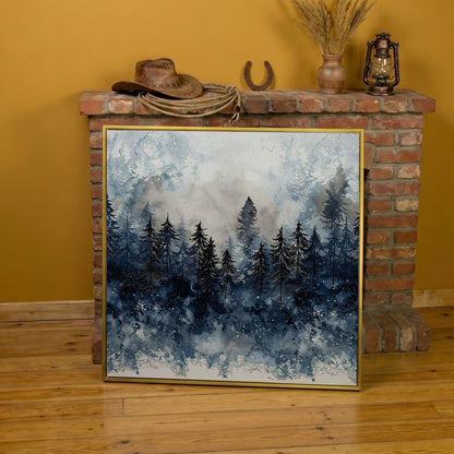 Snowy Pine Forest Canvas Art, Winter Woodland Painting in yellow gold floating frame
