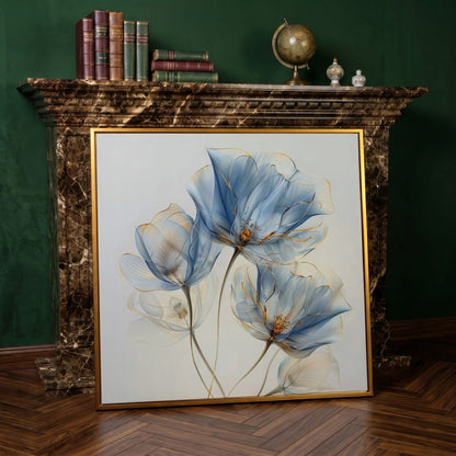 Blue Flowers Abstract Canvas in antique gold floating frame