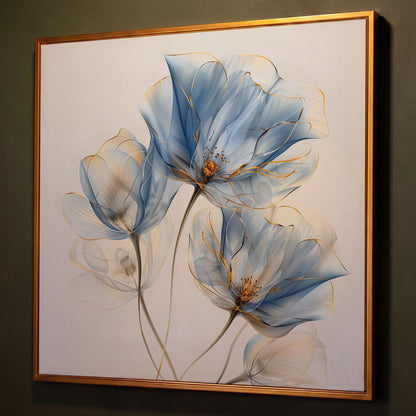 Blue Flowers Abstract Canvas shown in antique gold floating frame