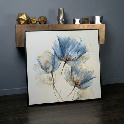 Blue Flowers Abstract Canvas in black floating frame