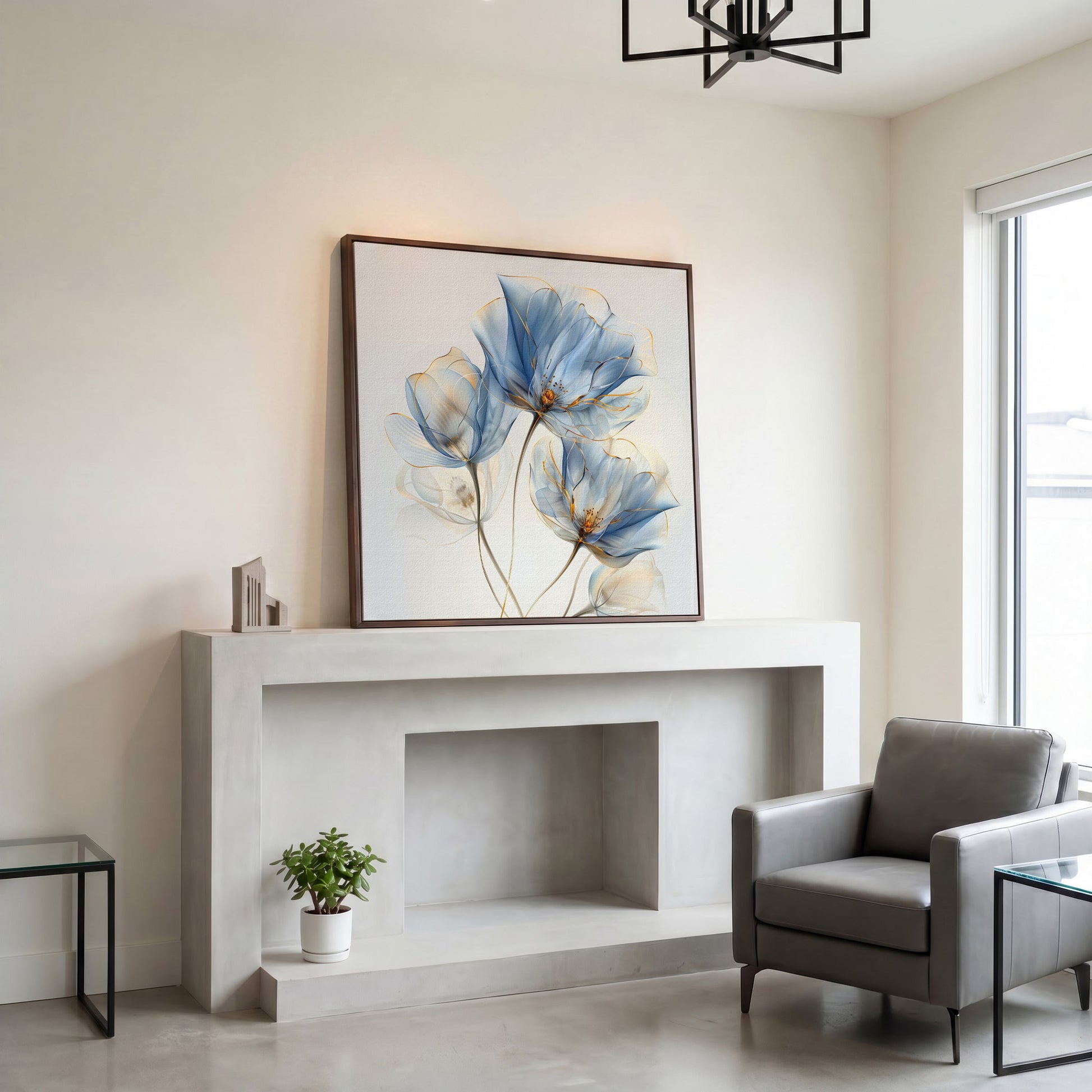 Blue Flowers Abstract Canvas in dark walnut floating frame