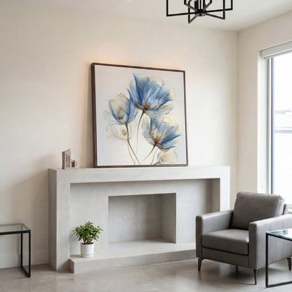 Blue Flowers Abstract Canvas in dark walnut floating frame