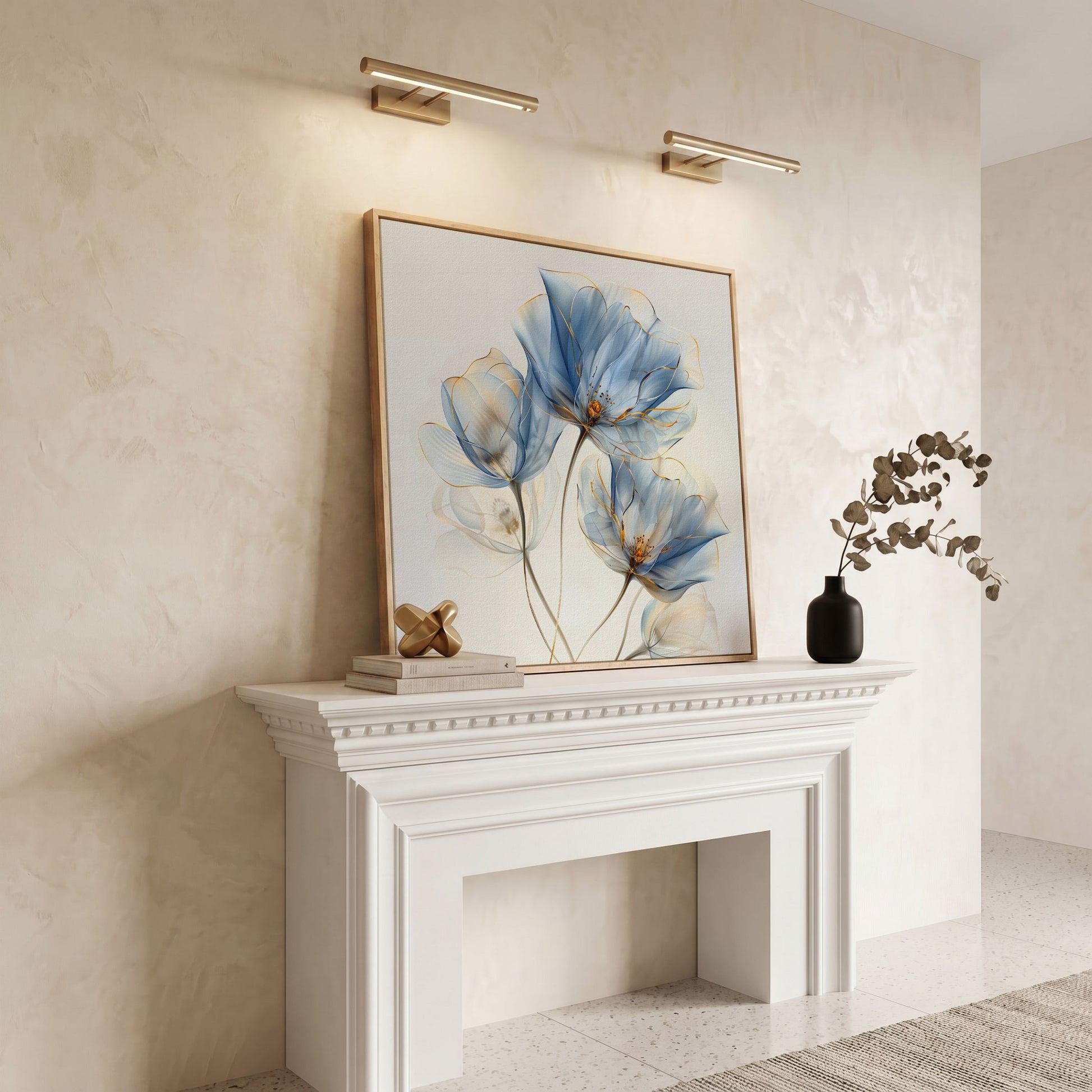 Blue Flowers Abstract Canvas in white oak floating frame