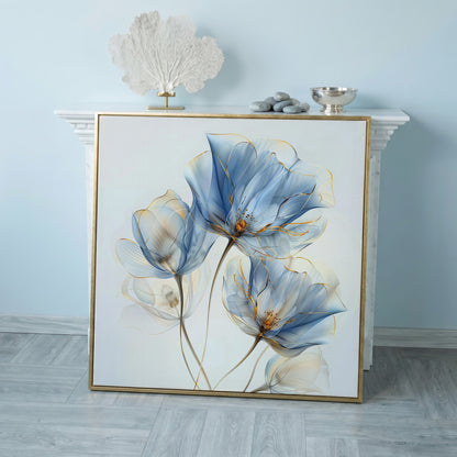 Blue Flowers Abstract Canvas in rose gold floating frame