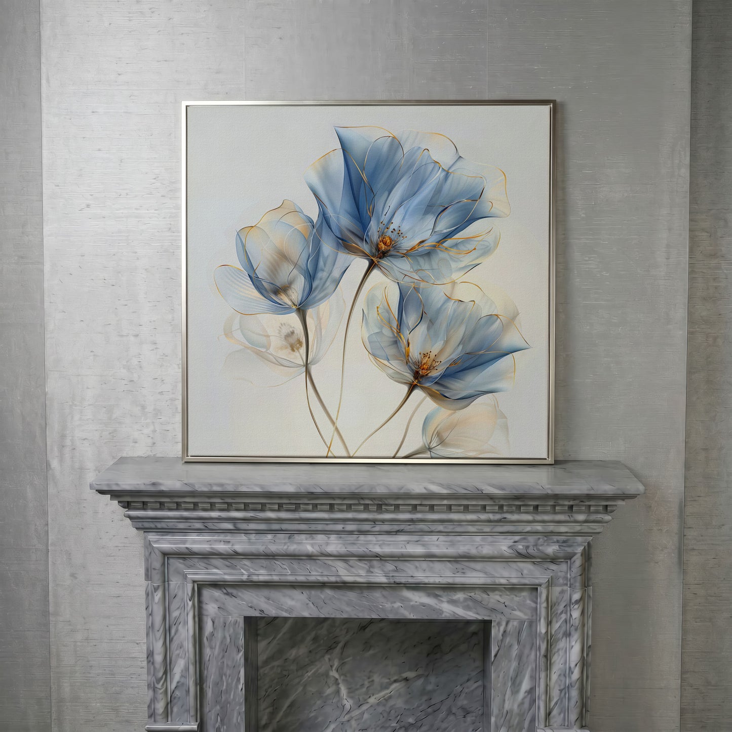 Blue Flowers Abstract Canvas in silver floating frame