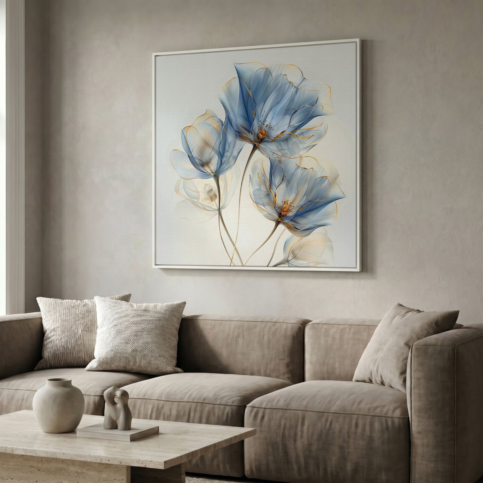 Blue Flowers Abstract Canvas in white floating frame