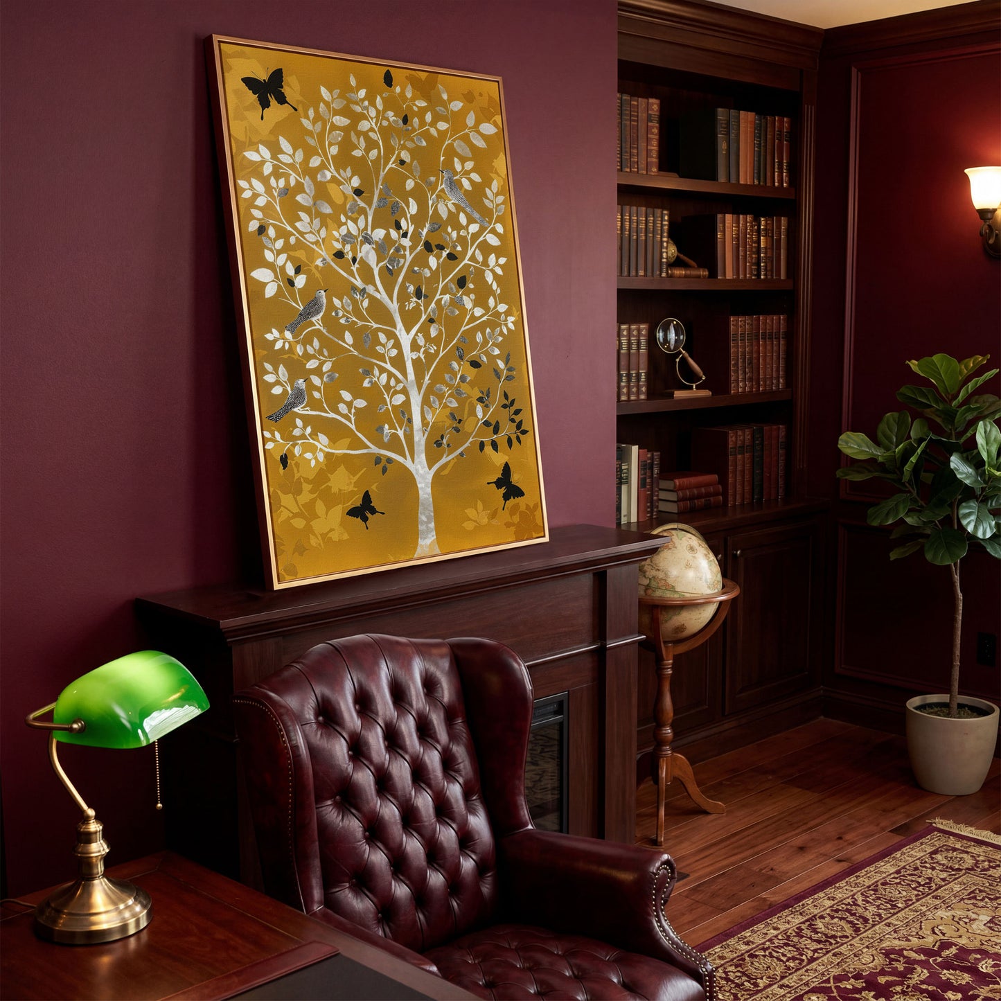 Stylized Tree with Birds and Butterflies, Portrait Canvas Art in antique gold floating frame