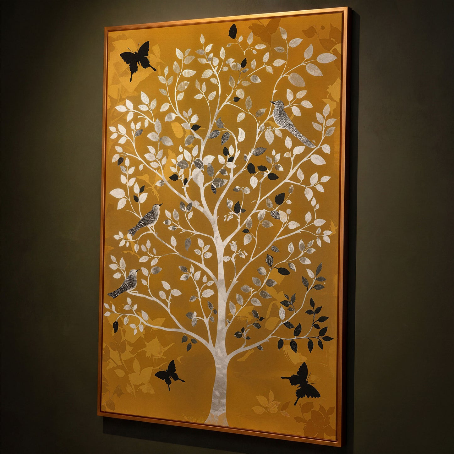 Stylized Tree with Birds and Butterflies, Portrait Canvas Art shown in antique gold floating frame