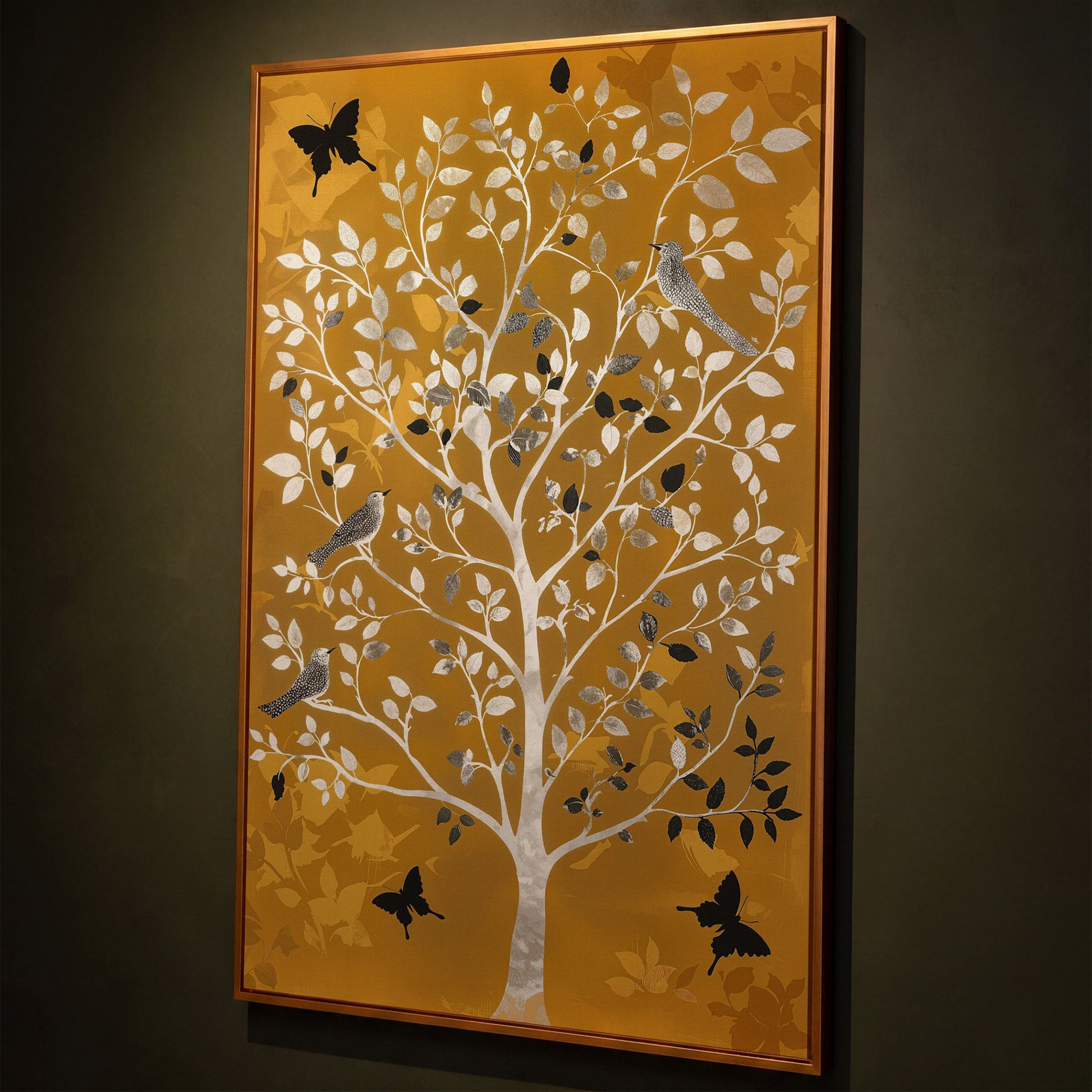 Stylized Tree with Birds and Butterflies, Portrait Canvas Art shown in antique gold floating frame